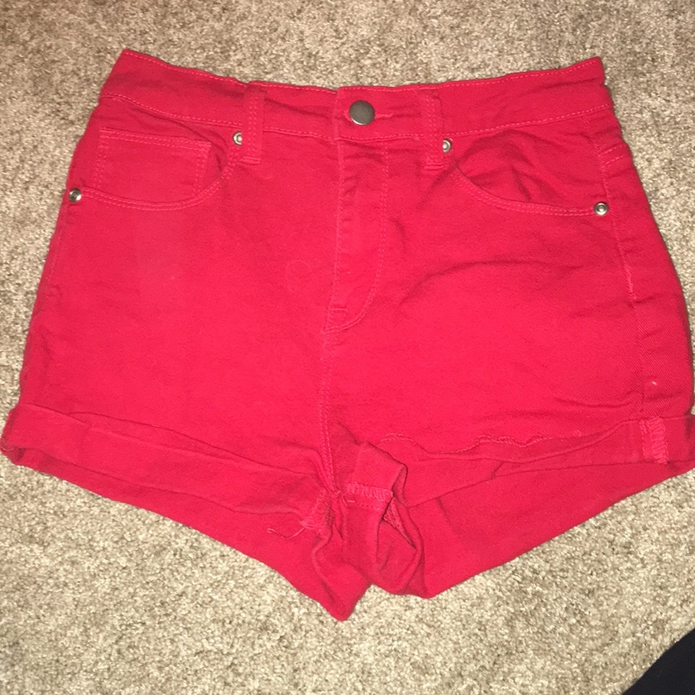 High waisted red jean shorts